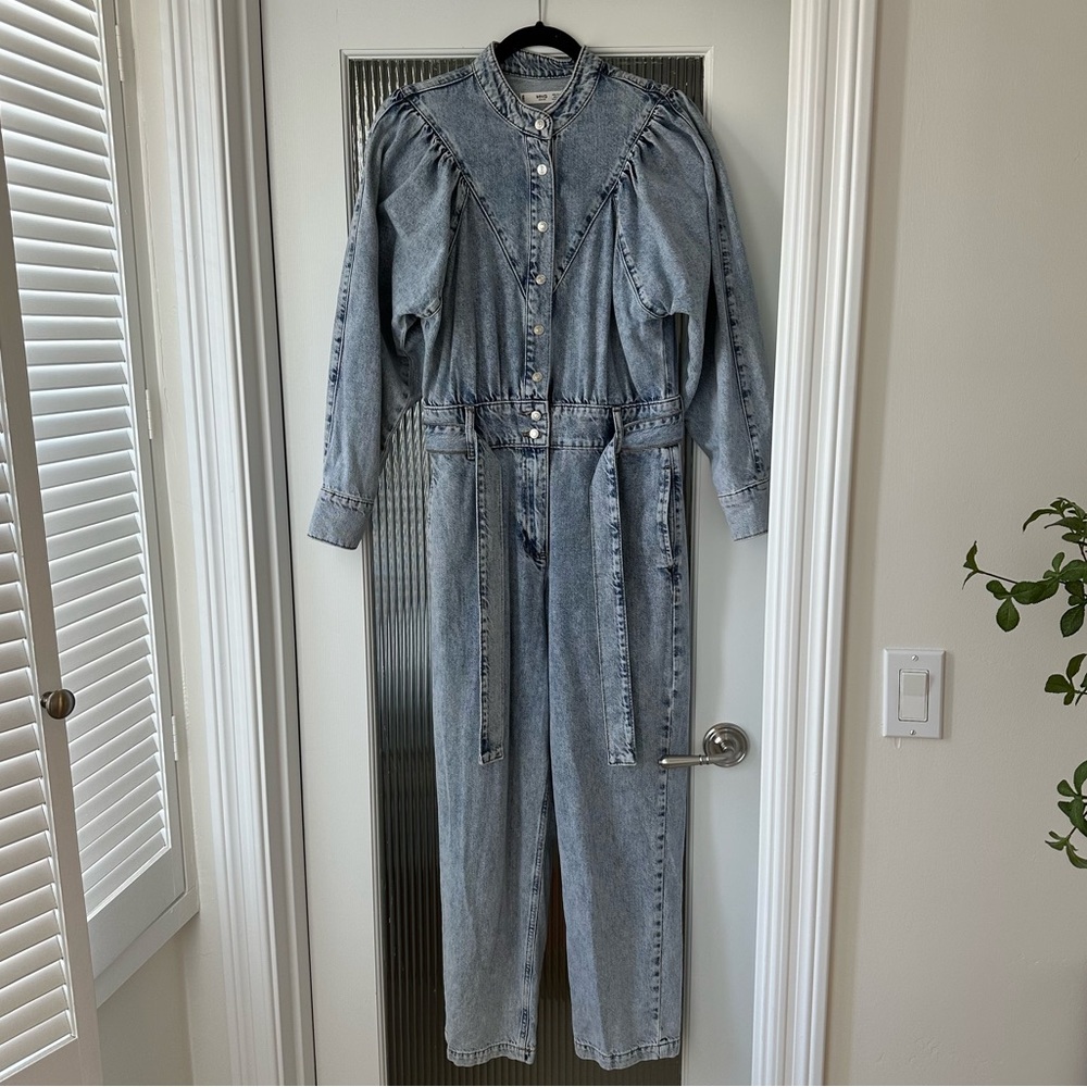 Mango Light Denim Jumpsuit with Puff Sleeve • Size Small